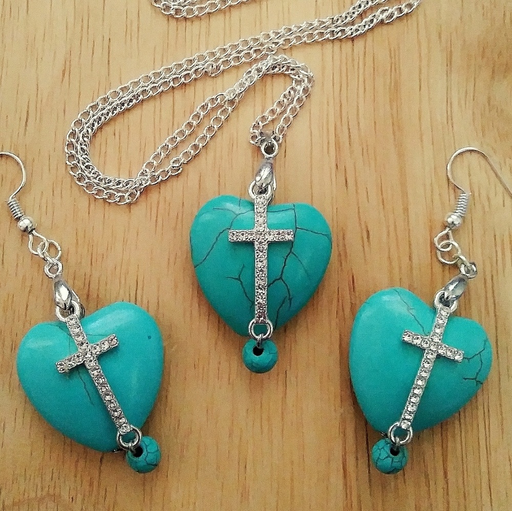 Turquoise Heart Cross Necklace Earrings Set